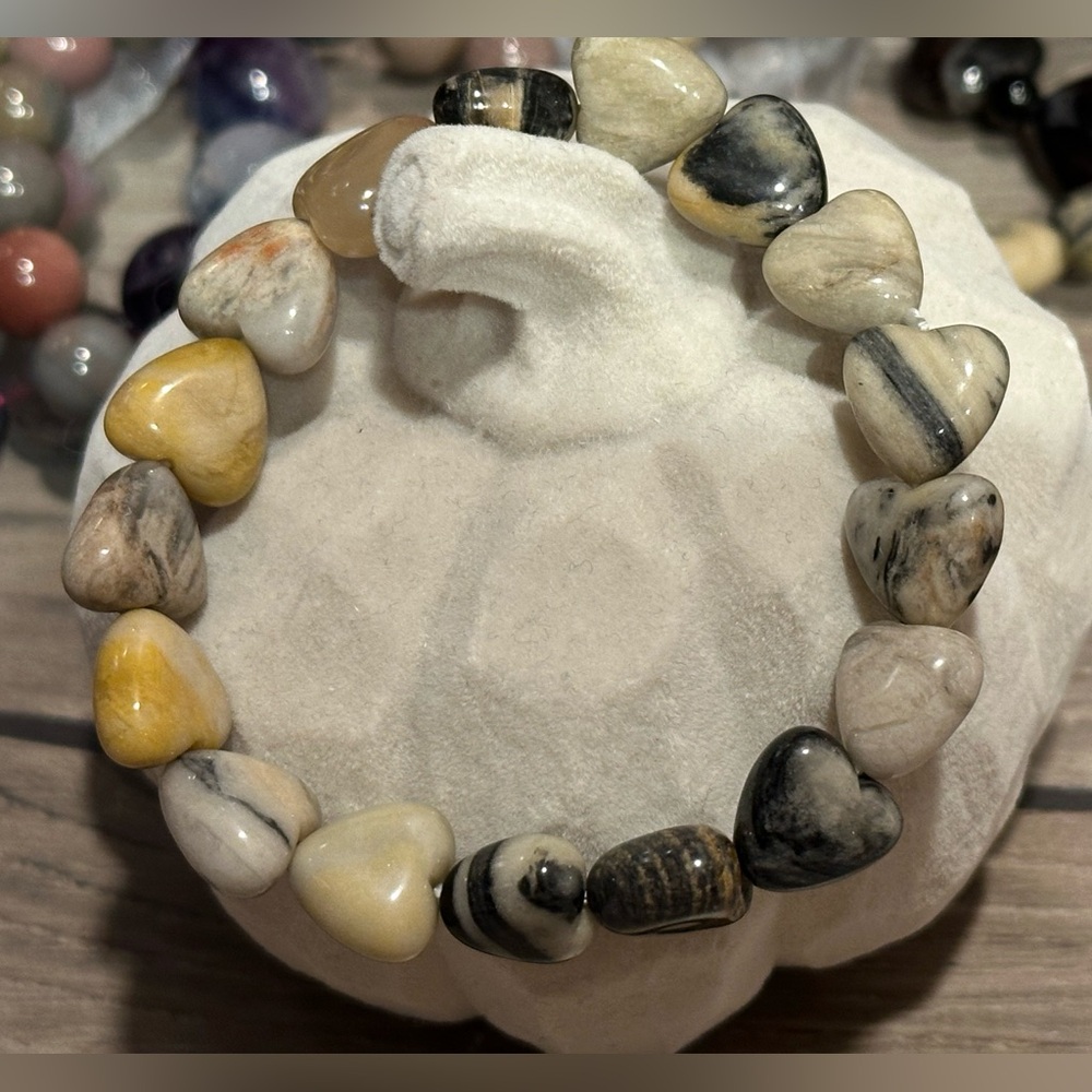 Yellow Zebra Jasper Heart Bangle Size 6.75 Item 002